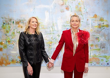 Tiffany Benincasa of C. Parker Gallery with Sharon Stone at the opening of Sharon Stone: Welcome To My Garden on view now until Dec. 3 (Photo by ChiChi Ubina).