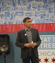 Beat the Streets Chicago Executive Director Mike Powell during a the unveiling of the mural at organization’s Midway location. PHOTO PROVIDED BY JUSTIN HAMES.