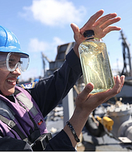 SOUTH CHINA SEA
Photo by Petty Officer 1st Class Gregory Johnson
Commander, Task Force 71/Destroyer Squadron 15
SOUTH CHINA SEA (Nov. 5, 2023) – Gas Turbine Systems Technician (Electrical) 2nd Class Andre Wesley, from Houston, checks a fuel sample aboard Arleigh Burke-class guided-missile destroyer USS Dewey (DDG 105) during an underway replenishment with the fleet replenishment oiler USNS Tippecanoe (T-AO 199) while operating in the South China Sea, Nov. 5. Dewey is forward-deployed and assigned to Commander, Task Force 71/Destroyer Squadron (DESRON) 15, the Navy’s largest DESRON and the U.S. 7th Fleet’s principal surface force. Commander, Logistics Group Western Pacific (COMLOG WESTPAC)/Task Force 73 logistically resupplies deployed units in the Indo-Pacific along with regional Allies and partners. (U.S. Navy photo by Mass Communication Specialist 1st Class Greg Johnson)