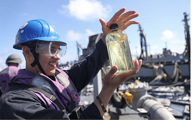 SOUTH CHINA SEA

Photo by Petty Officer 1st Class Gregory Johnson 
Commander, Task Force 71/Destroyer Squadron 15  

SOUTH CHINA SEA (Nov. 5, 2023) – Gas Turbine Systems Technician (Electrical) 2nd Class Andre Wesley, from Houston, checks a fuel sample aboard Arleigh Burke-class guided-missile destroyer USS Dewey (DDG 105) during an underway replenishment with the fleet replenishment oiler USNS Tippecanoe (T-AO 199) while operating in the South China Sea, Nov. 5. Dewey is forward-deployed and assigned to Commander, Task Force 71/Destroyer Squadron (DESRON) 15, the Navy’s largest DESRON and the U.S. 7th Fleet’s principal surface force. Commander, Logistics Group Western Pacific (COMLOG WESTPAC)/Task Force 73 logistically resupplies deployed units in the Indo-Pacific along with regional Allies and partners. (U.S. Navy photo by Mass Communication Specialist 1st Class Greg Johnson)