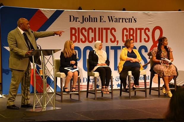 (L-R) Dr. John E. Warren, San Diego Voice & Viewpoint Publisher; Summer Stephan, San Diego County District Attorney; Tazheen Nizam, CAIR-San Diego Executive Director; Susan Delos Santos, Filipino Press Publisher; Camille Appling, Indian Voices