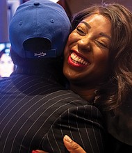 Democrat Lashrecse Aird is congratulated at the Omni Hotel Tuesday night for her win against Republican challenger Eric Ditri n Petersburg and Eastern Henrico County with 58% of the vote in the race for the new 13th Senate District.
