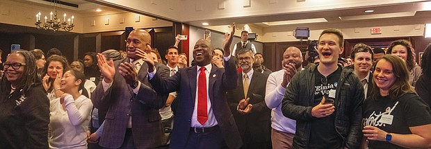 Delegate Don L. Scott Jr., center, celebrates wins by the Democrats. The Virginia House of Delegates
Minority Leader is poised to be the first Black Speaker of the House.