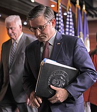 Newly minted Speaker Mike Johnson, here on November 2, raises the prospects of a government shutdown if Congress doesn’t act between now and next Friday .
Mandatory Credit:	Alex Wong/Getty Images