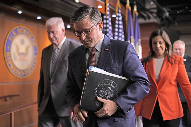 Newly minted Speaker Mike Johnson, here on November 2, raises the prospects of a government shutdown if Congress doesn’t act between now and next Friday .
Mandatory Credit:	Alex Wong/Getty Images