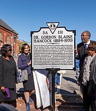 Several members and friends of Moore Street Missionary Baptist Church at 1408 W. Leigh St. attend the Nov. 11 unveiling of the Gordon Blaine Hancock Commonwealth of Virginia Historical Highway Marker at
the church. Dr. Hancock, co-founder of the Richmond Chapter of the Urban League, became the pastor of Moore Street in 1925. The same year he invented the term “Double Duty Dollar,” which meant that Black people should patronize Black-owned businesses to help build employment and instill a sense of independence in their communities.