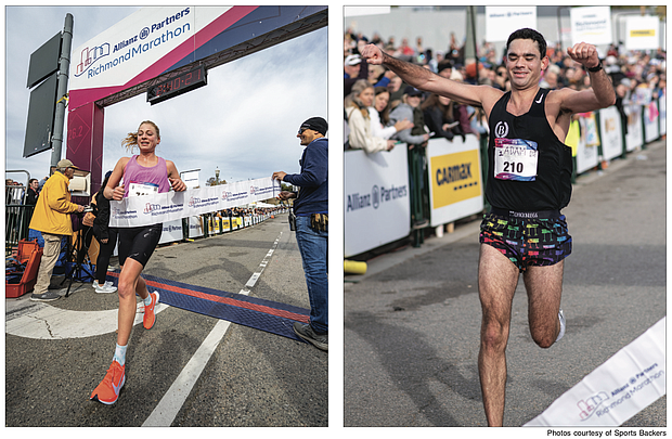 Adam George, right, of Washington, D.C., took first place in the 2023 Allianz Partners Richmond Marathon, finishing ahead of Roland Hakes of Irmo, S.C,. and Robert Mazzanti of Richmond. Mr.
George finished in a time of 2:24:18, while Mr. Hakes came in at 2:28:37, followed by Mr. Mazzanti in 2:29:44.
Bethany Sachtleben, above, was the first female to cross the finish line, followed by Ave Grosenheider and Rebecca McGavin. Sachtleben, of Broomfield, Co., finished in a time of 2:40:26, followed by Ms. Grosenheider, of Richmond, in 2:47:51, and McGavin, of Durham, N.C., in 2:51:20.
The 2024 Allianz Partners Richmond Marathon is scheduled for Saturday, Nov. 16. A special $85 marathon entry fee, $75 half marathon entry fee, and $30 8k entry fee is available starting Sunday, Nov. 12, at 12 p.m. 
continuing through Thursday, Nov. 16. For more information and and full results, please visit www.richmondmarathon.org.
