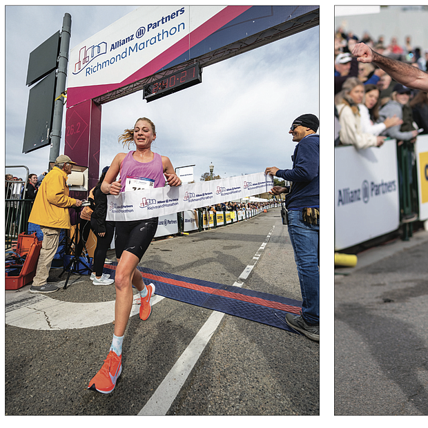 Adam George, right, of Washington, D.C., took first place in the 2023 Allianz Partners Richmond Marathon, finishing ahead of Roland Hakes of Irmo, S.C,. and Robert Mazzanti of Richmond. Mr.
George finished in a time of 2:24:18, while Mr. Hakes came in at 2:28:37, followed by Mr. Mazzanti in 2:29:44.
Bethany Sachtleben, above, was the first female to cross the finish line, followed by Ave Grosenheider and Rebecca McGavin. Sachtleben, of Broomfield, Co., finished in a time of 2:40:26, followed by Ms. Grosenheider, of Richmond, in 2:47:51, and McGavin, of Durham, N.C., in 2:51:20.
The 2024 Allianz Partners Richmond Marathon is scheduled for Saturday, Nov. 16. A special $85 marathon entry fee, $75 half marathon entry fee, and $30 8k entry fee is available starting Sunday, Nov. 12, at 12 p.m. 
continuing through Thursday, Nov. 16. For more information and and full results, please visit www.richmondmarathon.org.