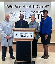 Pictured Left to Right Are: 
* Stroger Hospital Physician James Dennis
* Cook County Commissioner Dennis Deer
* Vitalant Blood Organization Executive Tammy Winchester
* Stroger Hospital Executive Donnica Austin-Cathey
Photo provided by STH Media LLC.