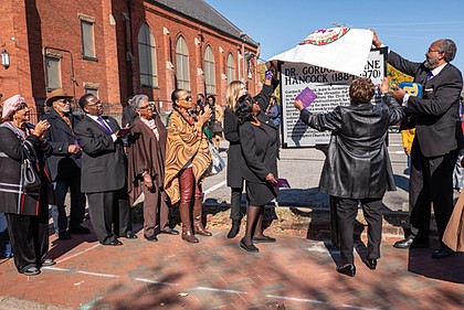 A group gathered at Moore Street Baptist Church in Newtown to unveil the Gordon B. Hancock Commonwealth of Virginia Historical Highway Marker on the grounds of the church. Rev. Hancock was the co-founder of the Richmond Chapter of the Urban League and pastor of Moore Street Missionary Baptist Church in 1925.