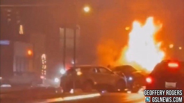 The FBI is investigating after two vehicles collided and plowed into a crowd in a fiery crash in Rochester, New York.
Mandatory Credit:	GSL News/Geoffery Rogers