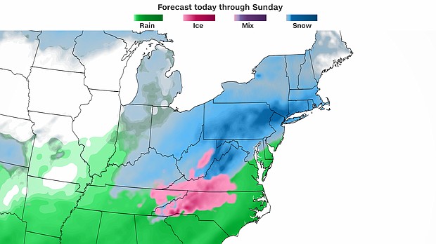 A weekend storm will deliver heavy precipitation to the eastern US, but exactly where snow will fall is uncertain, meaning this graphic will change in the coming days.
Mandatory Credit:	CNN