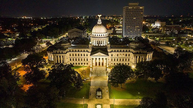 The Mississippi State Capitol is illuminated in Jackson in September 2022.  A federal court of appeals has delayed the creation of a state-run court system in Jackson.
Mandatory Credit:	Steve Helber/AP/FILE