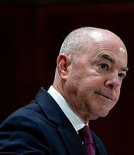 US Homeland Security Secretary Alejandro Mayorkas testifies during a US Senate Appropriations Committee hearing in Washington, DC, on November 8, 2023.
Mandatory Credit:	Stefani Raynolds/AFP/Getty Images