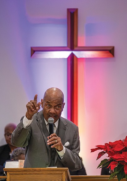 The Rev. A. Lincoln James Jr. delivers the keynote address during the Emancipation Day Service on New Year’s Day at Sharon Baptist Church in Henrico County.