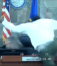 A defendant in a Las Vegas courtroom dove over the desk to attack Clark County Judge Mary Kay Holthus.
Mandatory Credit:	Clark County Clerks
