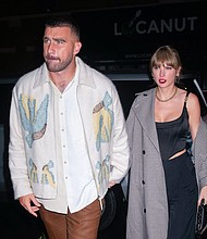 Travis Kelce and Taylor Swift arrive at an SNL afterparty on October 15, 2023 in New York City.
Mandatory Credit:	Gotham/GC Images/Getty Images