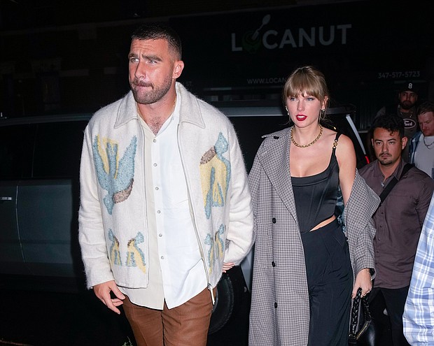 Travis Kelce and Taylor Swift arrive at an SNL afterparty on October 15, 2023 in New York City.
Mandatory Credit:	Gotham/GC Images/Getty Images