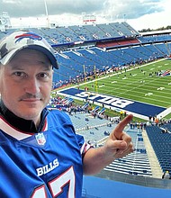 Buffalo Bills season ticket holder Russ Lyons, a former AED salesman, reached out to the team to see how he could help in the wake of Damar Hamlin's on-field cardiac arrest. Here he is at a game with friends who have gathered for more than 20 years to see the Bills play. (Photo courtesy of Russ Lyons)