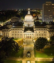 The Mississippi State Capitol is illuminated in Jackson in September 2022.  A federal court of appeals has delayed the creation of a state-run court system in Jackson.
Mandatory Credit:	Steve Helber/AP/FILE