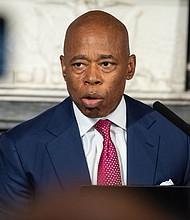 New York City Mayor Eric Adams, seen here speaking during a press briefing at City Hall,  aims to tackle the financial burden posed by the mounting migrant crisis.
Mandatory Credit:	Lev Radin/Pacific Press/LightRocket/Getty Images