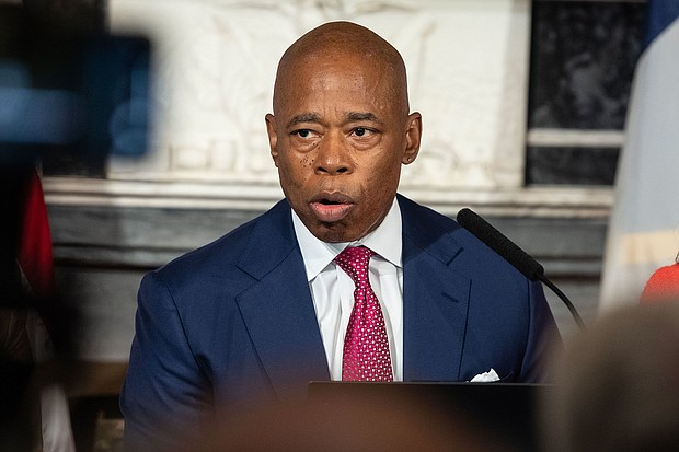 New York City Mayor Eric Adams, seen here speaking during a press briefing at City Hall,  aims to tackle the financial burden posed by the mounting migrant crisis.
Mandatory Credit:	Lev Radin/Pacific Press/LightRocket/Getty Images