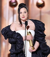 Lily Gladstone is seen here at the 2024 Golden Globe Awards in Beverly Hills. Gladstone became the first female actor who identifies as indigenous to win a Golden Globe.
Mandatory Credit:	Rich Polk/Golden Globes 2024/Getty Images