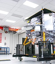 This photo provided by Astrobotic Technology shows the Peregrine lunar lander at the company's facility in Pittsburgh in October 2023. The first US lunar lander to take off is in jeopardy due to an "anomaly" in space.
Mandatory Credit:	Jordan K Reynolds/Astrobotic Technology/AP