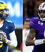 Michigan Wolverines quarterback J.J. McCarthy (left) and Washington Huskies quarterback Michael Penix Jr. (right).
Mandatory Credit:	AP/Reuters