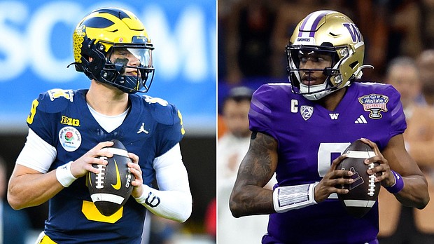 Michigan Wolverines quarterback J.J. McCarthy (left) and Washington Huskies quarterback Michael Penix Jr. (right).
Mandatory Credit:	AP/Reuters