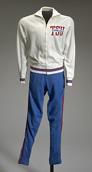 TSU Tigerbelles track suit worn by Chandra Cheeseborough. The sprinter competed in the 1976 and 1984 Olympic Games, winning two gold, and one silver medals, in 1984.