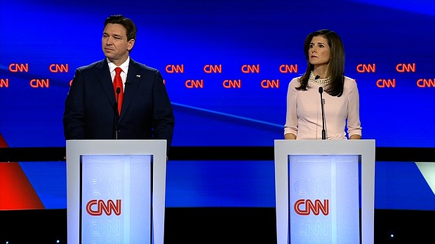 Florida Gov. Ron DeSantis and former South Carolina Gov. Nikki Haley participate in a CNN Republican Presidential Debate at Drake University in Des Moines, Iowa, on January 10.
Mandatory Credit:	CNN