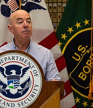 Alejandro Mayorkas, secretary of the US Department of Homeland Security, during a news conference while visiting the US-Mexico border in Eagle Pass, Texas, on January 8.
Mandatory Credit:	Kaylee Greenlee Beal/Bloomberg/Getty Images