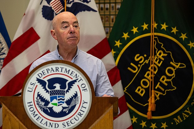 Alejandro Mayorkas, secretary of the US Department of Homeland Security, during a news conference while visiting the US-Mexico border in Eagle Pass, Texas, on January 8.
Mandatory Credit:	Kaylee Greenlee Beal/Bloomberg/Getty Images