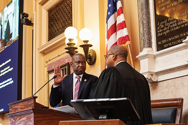 Newly elected Speaker of the House Don L. Scott (D-88th District) is sworn in on the first day of the 2024 session of the Virginia General Assembly. He is the first Black person to serve as House speaker.