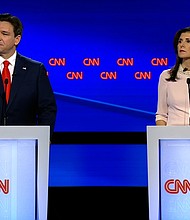 Florida Gov. Ron DeSantis and former South Carolina Gov. Nikki Haley participate in a CNN Republican Presidential Debate at Drake University in Des Moines, Iowa, on January 10.
Mandatory Credit:	CNN