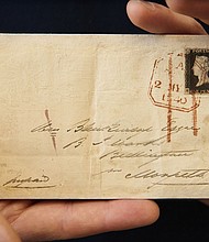The first known piece of mail sent using a stamp is to be auctioned for up to $2.5 million.
Mandatory Credit:	Sotheby's