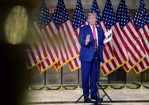 Former President Donald Trump speaks to the media at one of his properties, 40 Wall Street, following closing arguments at his civil fraud trial on January 11, in New York City.
Mandatory Credit: