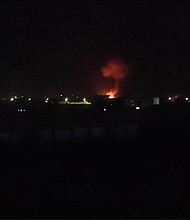 A video released by Houthi-run al-Masira TV allegedly shows the moment of the bombardment in Sanaa, Yemen.
Mandatory Credit:	Al-Masira TV