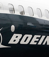 The Boeing logo on the first Boeing 737 MAX 9 airplane.
Mandatory Credit:	Jason Redmond/AFP via Getty Images