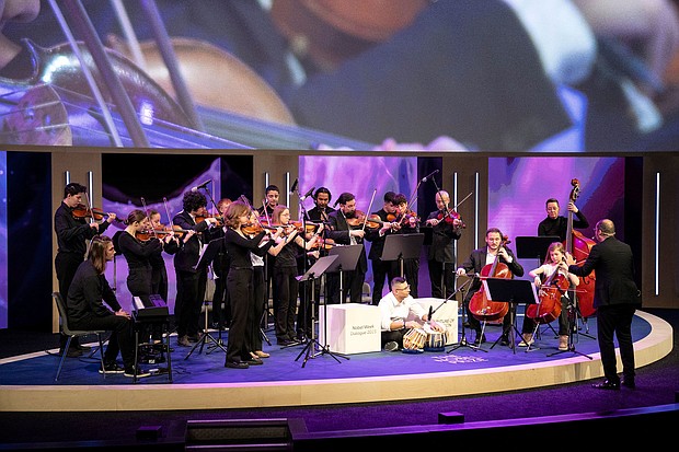 The Dream Orchestra started with just 13 members. Now there are more than 400, including this group performing at a Nobel Foundation event in Gothenburg, Sweden, in December.
Mandatory Credit:	Courtesy Anna Svanberg/Nobel Prize Outreach