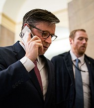 House Speaker Mike Johnson at the US Capitol on January 12, in Washington, DC. Lawmakers are racing the clock to avert a partial shutdown with just four days left until funding for key government agencies expires.
Mandatory Credit:	Kent Nishimura/Getty Images