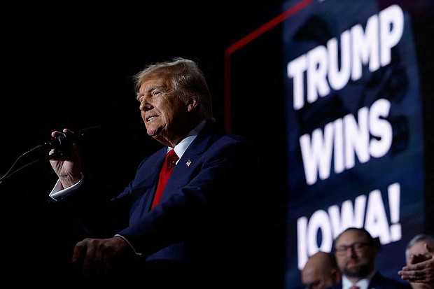 Republican presidential candidate and former President Donald Trump speaks during his Iowa caucus night watch party in Des Moines, Iowa, Monday, January 15.
Mandatory Credit:	Evelyn Hockstein/Reuters