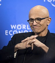 Satya Nadella, Chairman and Chief Executive Officer of Microsoft, attends a panel session at the 54th annual meeting of the World Economic Forum, WEF, in Davos, Switzerland, Tuesday, Jan. 16. The meeting brings together entrepreneurs, scientists, corporate and political leaders in Davos under the topic "Rebuilding Trust" from Jan. 15 to Jan. 19, 2024.
Mandatory Credit:	Gian Ehrenzeller/Keystone/AP