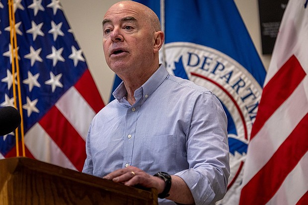 Department of Homeland Security Secretary Alejandro Mayorkas holds a news conference at a US Border Patrol station on January 8 in Eagle Pass, Texas.
Mandatory Credit:	John Moore/Getty Images