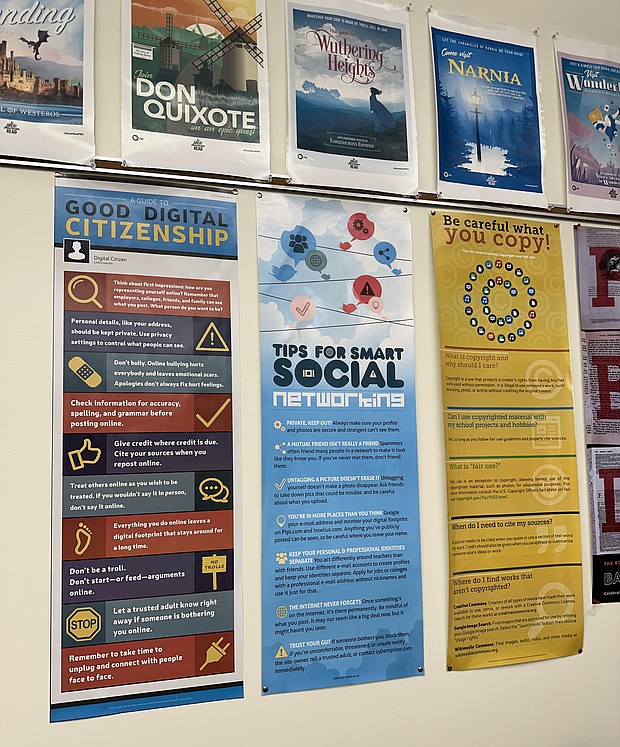 Media literacy posters hang at South Brunswick High School in New Jersey.
Mandatory Credit:	Alisha Ebrahimji/CNN