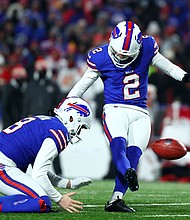 Buffalo Bills kicker Tyler Bass misses a 44-yard field goal against the Kansas City Chiefs.
Mandatory Credit:	Mark J. Rebilas/USA TODAY Sports/Reuters Con