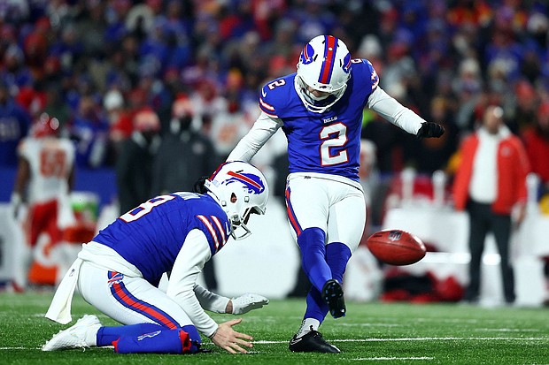 Buffalo Bills kicker Tyler Bass misses a 44-yard field goal against the Kansas City Chiefs.
Mandatory Credit:	Mark J. Rebilas/USA TODAY Sports/Reuters Con