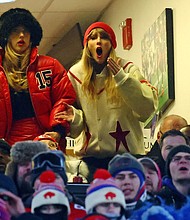 Taylor Swift (right) and Brittany Mahomes react after Kansas City Chiefs tight end Travis Kelce (not pictured) scores a touchdown in the 2024 AFC divisional round game against the Buffalo Bills at Highmark Stadium on January 21.
Mandatory Credit:	Mark J. Rebilas/USA TODAY Sports/Reuters
