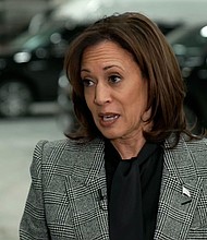 Vice President Kamala Harris answers a question during an interview with CNN's Laura Coates in Wisconsin on January 22.  
She pins the blame on Donald Trump for the reversal of Roe v. Wade.
Mandatory Credit:	CNN